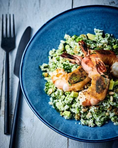 Croquants de gambas à la menthe, semoule végétale de légumes