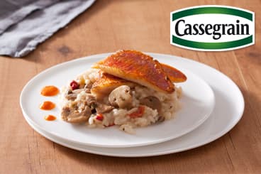 Risotto aux Champignons Cassegrain, filet de rouget et coulis de poivrons