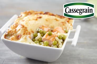Gratin de coquillettes aux Petits Pois Cassegrain et saumon