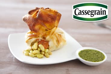 Croustillant de Flageolets Cassegrain, au miel et cumin, jus de coriandre