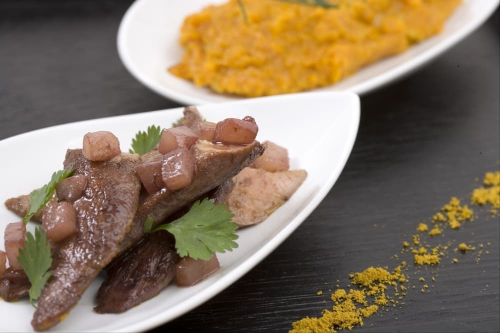 Aiguillettes de canard et purée de potiron aux épices à curry