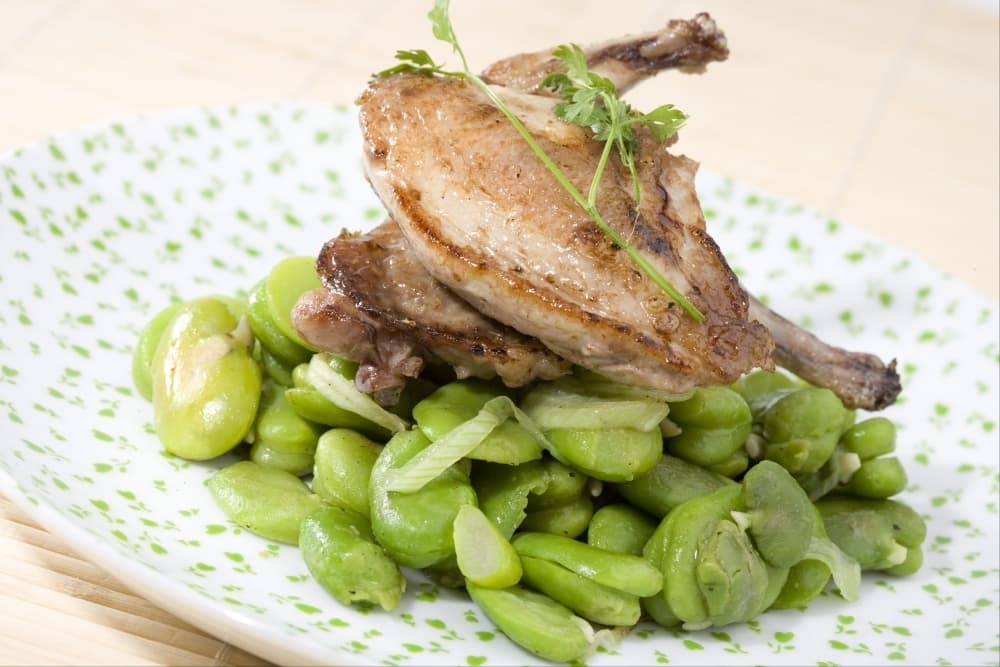 Salade tiède de fèves aux cailles