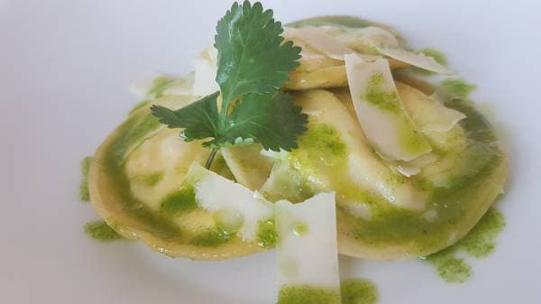 Raviole au fromage de chèvre frais et huile de coriandre