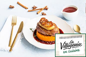 Filet de canette façon Rossini sauce vin rouge, mousseline de patates douces aux épices de Noël 
