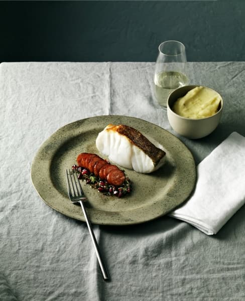 Skrei,  chorizo, et graines de grenade