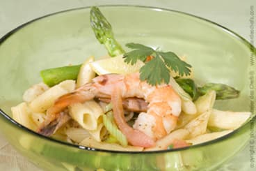 Pastasotto rafraîchi au citron, gambas flambées