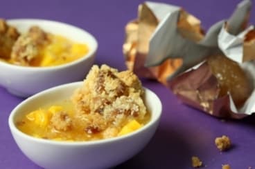 Soupe d'oranges et clémentines aux mangues, crumble aux marrons glacés