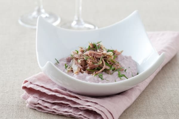 Risotto au vin rouge, effiloché de canard en persillade