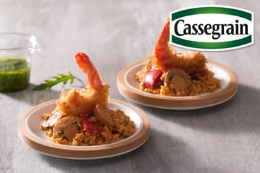 Boulgour aux Champignons Cassegrain et gambas croustillantes au pesto de roquette