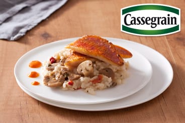 Risotto aux Champignons Cassegrain, filet de rouget et coulis de poivrons
