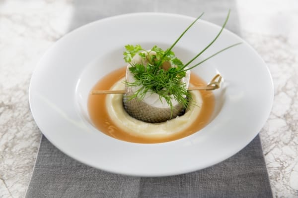 Bar à la vapeur de crustacés, purée de panais confits au miel et cardamome