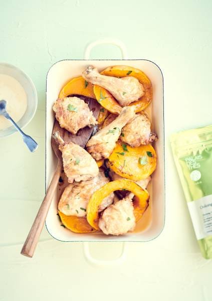 Cuisse de poulet au sel fumé, butternut et crème de volaille au Fu Lian Bio Palais des Thés