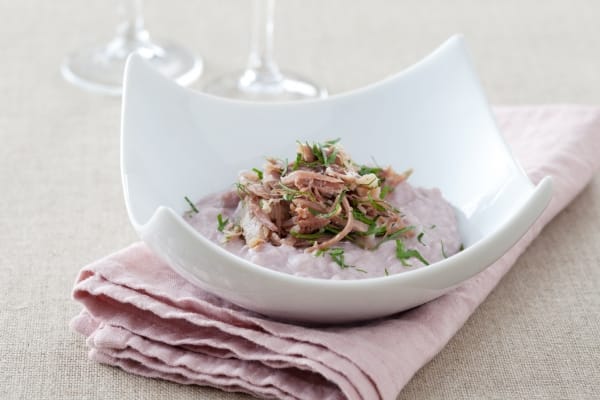 Risotto au vin rouge, effiloché de canard en persillade