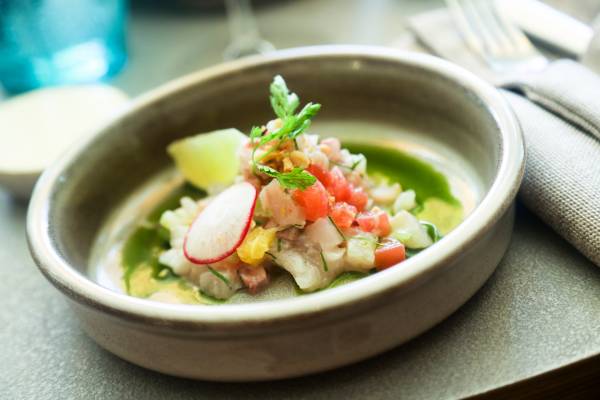 Ceviche verde bar et gambas, légumes croquants