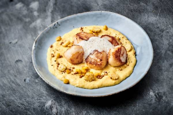 Noix de Saint Jacques poêlées, purée de mais et crème de sarrasin