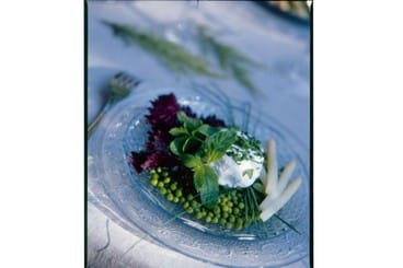 Fond de petits pois dans leur jus tiède à la menthe infusée et chèvre