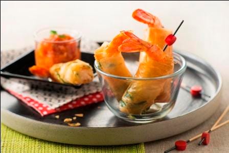 Gambas croustillantes à l'estragon, confiture de tomates rôties