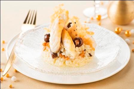 Risotto de champignons au bar et champagne, tuile parmesan