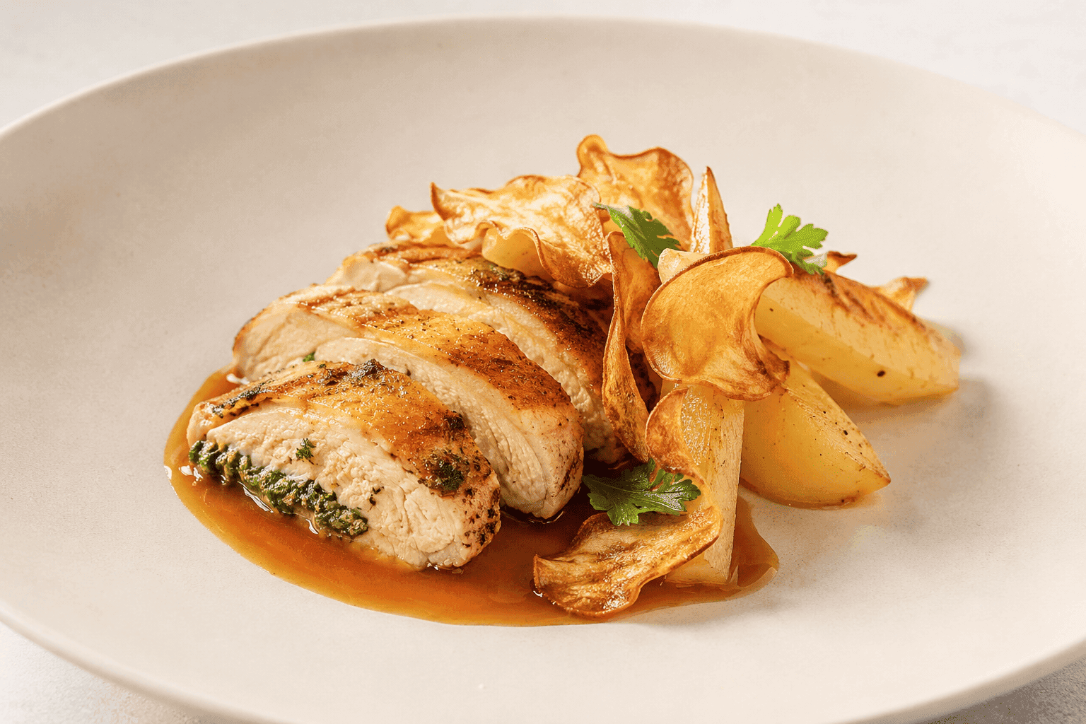 Recette Poulet fermier contisé en persillade, jus réduit, panais glacés et chips croustillantes de panais