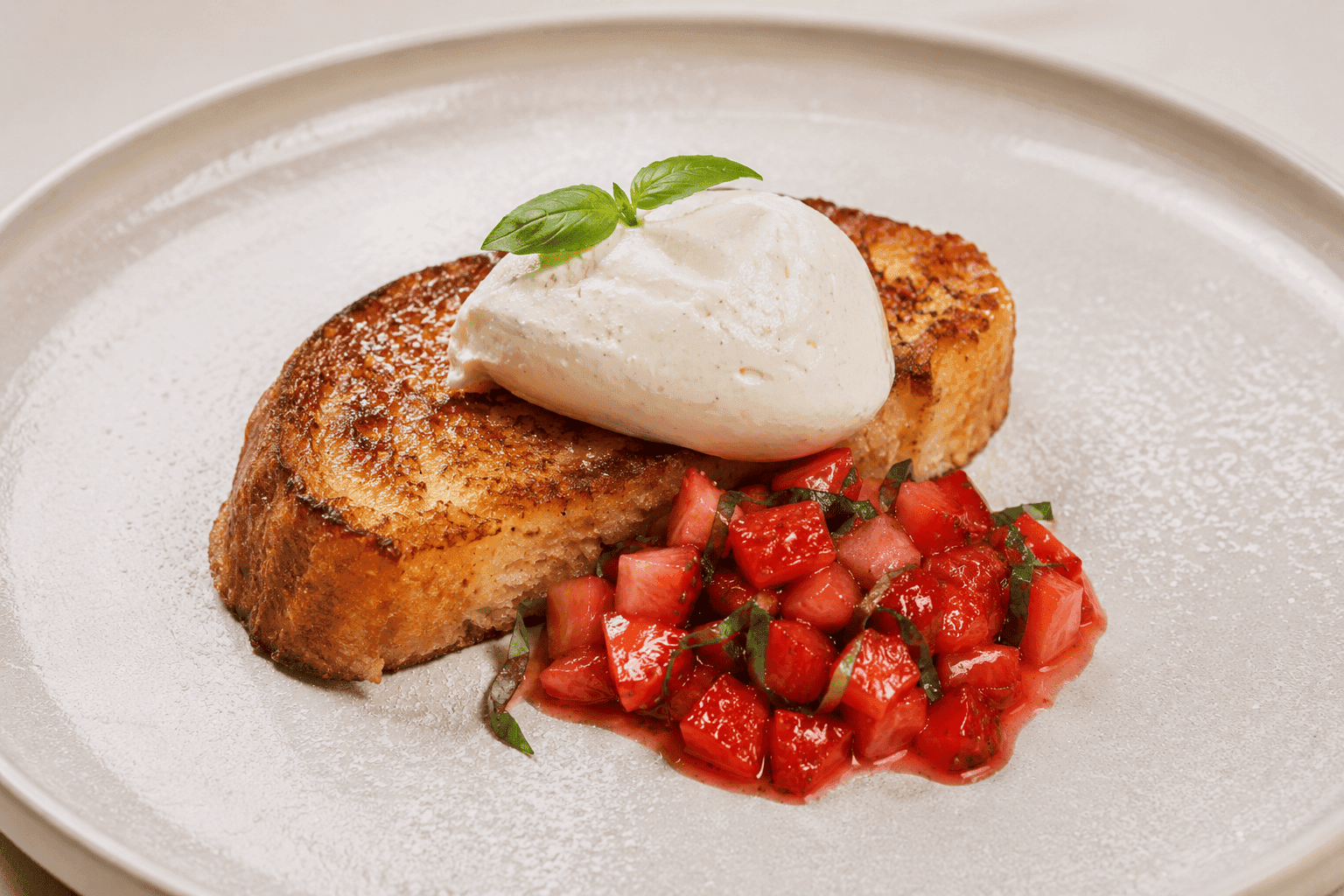 Recette Pain perdu caramélisé, chantilly vanille et tartare de fraises au basilic, fraîcheur de combawa