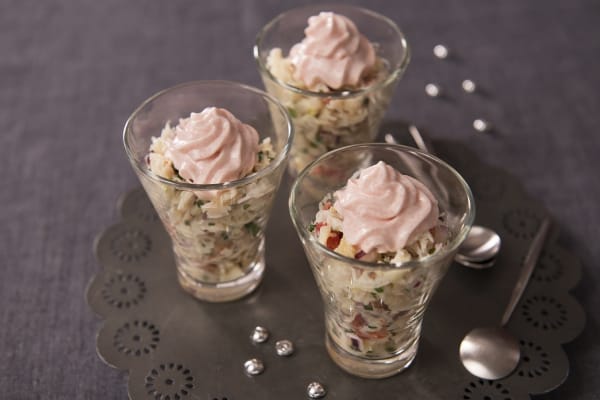 Verrine de chair de crabe aux agrumes, crème au tarama