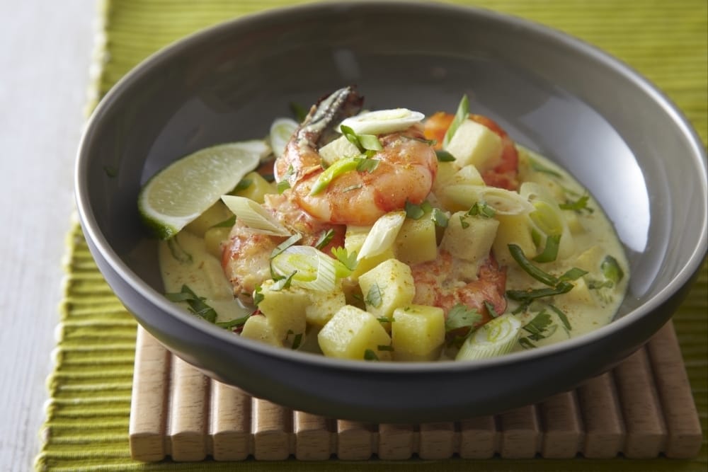 Gambas au lait de coco épicé aux deux pommes