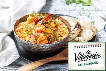 Dhal de lentilles corail au lait de coco et vin blanc, gambas snackées