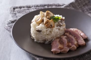 Risotto aux champignons, émincé de filet de canette